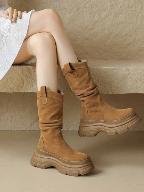 Vintage Brun Suede Gateklær Vinter Boots Dame 2024 Lær 8 cm Kilehæl Spisse Boots