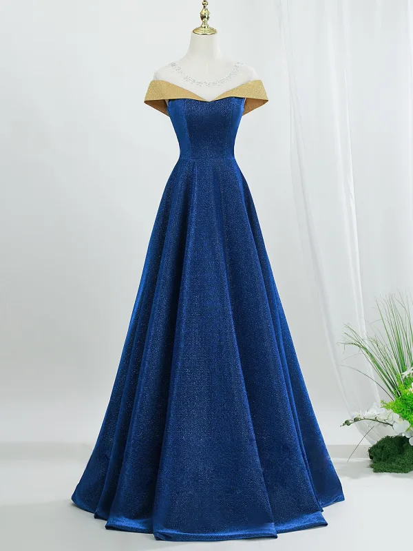 Vintage Ocean Blå Glittriga / Glitter Balklänningar 2026 Prinsessa Urringning Korta ärm Halterneck