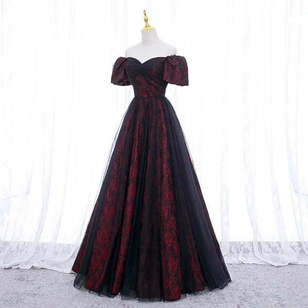 Elegant Burgundy Printing Prom Dresses 2022 A-Line / Princess Off-The-Shoulder Puffy Short Sleeve Backless Floor-Length / Long Formal Dresses