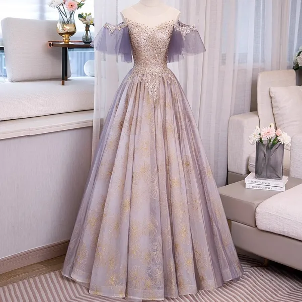 Chic / Beautiful Purple Rhinestone Printing Prom Dresses 2023 Ball Gown Scoop Neck Short Sleeve Backless Floor-Length / Long Prom Formal Dresses