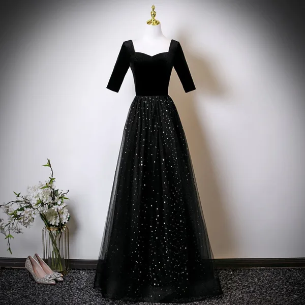 Vintage / Retro Navy Blue Star Sequins Floor-Length / Long Mother Of The Bride Dresses 2025 A-Line / Princess Square Neckline Short Sleeve Backless