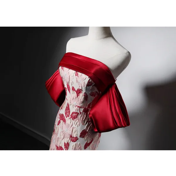 Vintage / Retro Burgundy Printing Evening Dresses 2022 Trumpet / Mermaid Off-The-Shoulder Short Sleeve Backless Floor-Length / Long Evening Party Formal Dresses