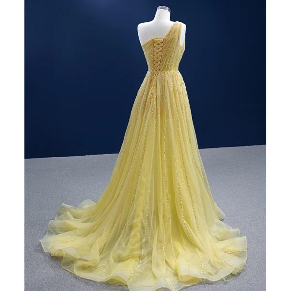Chic / Beautiful Yellow Summer Sequins Prom Dresses 2022 A-Line / Princess One-Shoulder Sleeveless Backless Split Front Sweep Train Formal Dresses