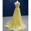 Chic / Beautiful Yellow Summer Sequins Prom Dresses 2022 A-Line / Princess One-Shoulder Sleeveless Backless Split Front Sweep Train Formal Dresses