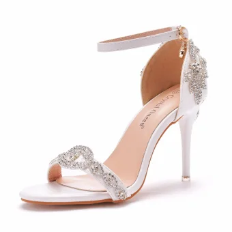 Sexy Blanche Faux Diamant Chaussure De Mariée 2023 Bride Cheville 9 Cm Talons Aiguilles Peep Toes Bout Ouvert Mariage Sandales Talons Hauts