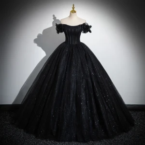 Charmant Noire Paillettes Robe De Bal 2023 Robe Boule De L Épaule Sans Manches Dos Nu Longue Promo Robe De Ceremonie
