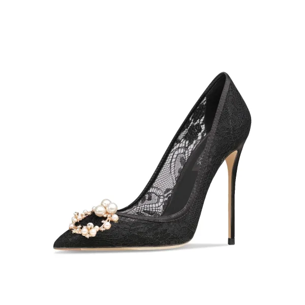 Charming Nude Pearl Rhinestone Lace Wedding Shoes 2024 10 cm Stiletto Heels Pointed Toe Wedding Pumps High Heels