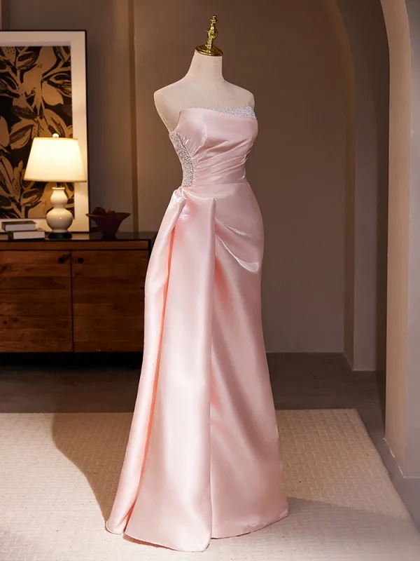 Sexy Pearl Pink Pearl Satin Prom Dresses 2024 Trumpet / Mermaid Strapless Sleeveless Backless Floor-Length / Long Prom Formal Dresses