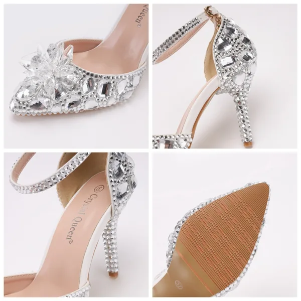 Glitzernden Silber Strass Brautschuhe 2023 Knöchelriemen 9 cm Stilettos Spitzschuh Hochzeit Sandaletten Hochhackige