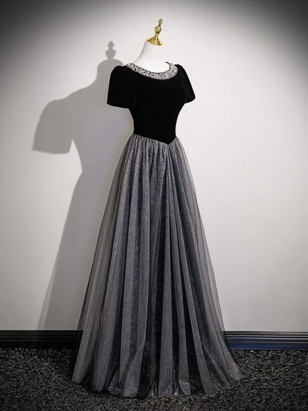 Bling Bling Black Sequins Prom Dresses 2026 A-Line / Princess Scoop Neck Short Sleeve Floor-Length / Long Tulle Formal Dresses