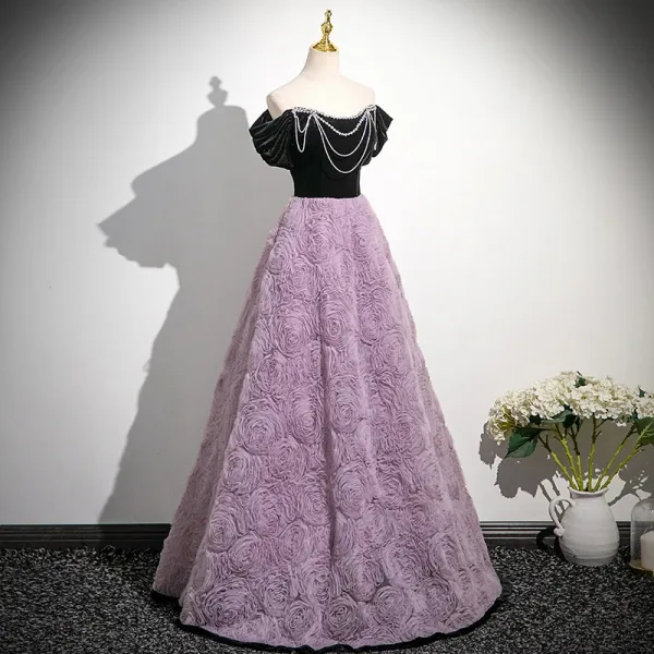 Chic / Beautiful Lavender Flower Rhinestone Prom Dresses 2025 A-Line / Princess Off-The-Shoulder Short Sleeve Backless Floor-Length / Long Formal Dresses