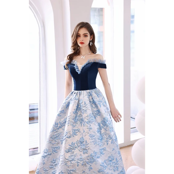 Elegant Ocean Blue Glitter Suede Prom Dresses 2022 Satin Ball Gown Off-The-Shoulder Short Sleeve Backless Floor-Length / Long Formal Dresses