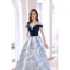 Elegant Ocean Blue Glitter Suede Prom Dresses 2022 Satin Ball Gown Off-The-Shoulder Short Sleeve Backless Floor-Length / Long Formal Dresses