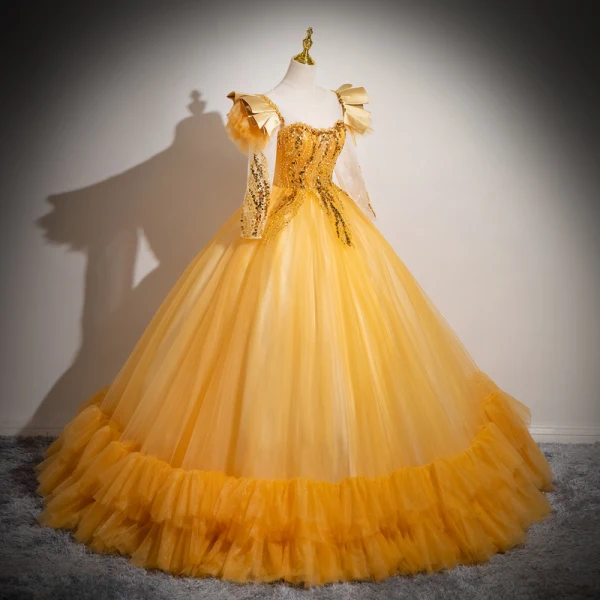 Elegant Gold Beading Sequins Prom Dresses 2024 Ball Gown Scoop Neck Long Sleeve Backless Floor-Length / Long Prom Formal Dresses