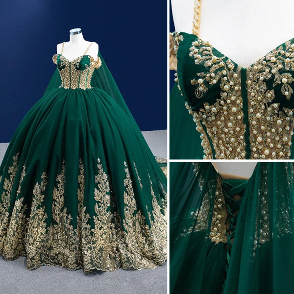 High End Dunkelgrün Perle Pailletten Ballkleider 2022 Ballkleid Spaghettiträger Ärmellos Rückenfreies Königliche Schleppe Ball Festliche Kleider