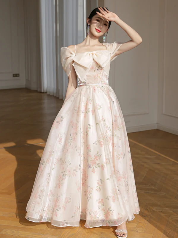 Chic / Beautiful Blushing Pink Bow Printing Bridesmaid Dresses 2023 A-Line / Princess Short Sleeve Backless Floor-Length / Long Bridesmaid Dresses
