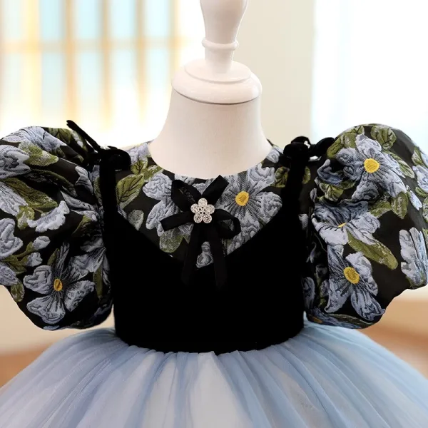 Chic / Beautiful Black Printing Birthday Short Flower Girl Dresses 2023 Ball Gown Scoop Neck Puffy Short Sleeve Tulle