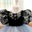 Chic / Beautiful Black Printing Birthday Short Flower Girl Dresses 2023 Ball Gown Scoop Neck Puffy Short Sleeve Tulle