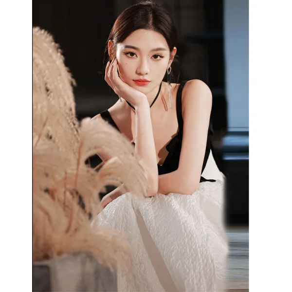Fashion Ivory Prom Dresses 2022 A-Line / Princess Spaghetti Straps Sleeveless Backless Bow Floor-Length / Long Formal Dresses