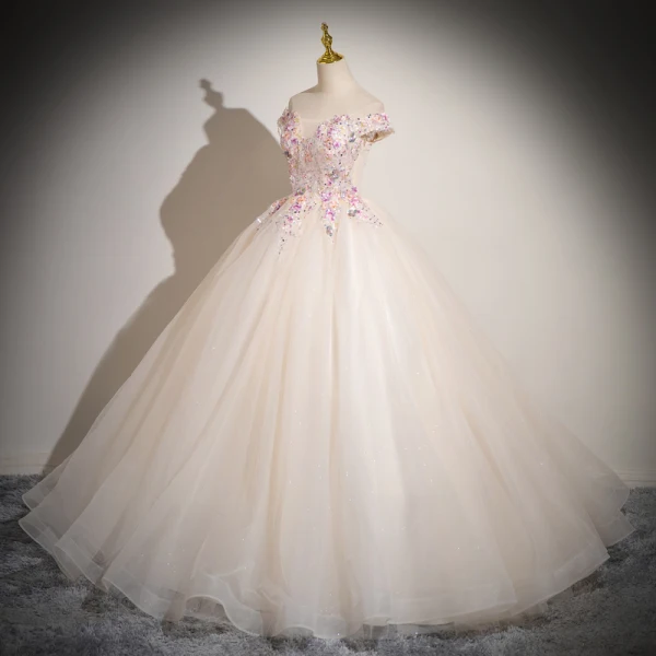 Elegant Champagne Beading Sequins Lace Flower Appliques Prom Dresses 2024 Ball Gown Off-The-Shoulder Sleeveless Backless Floor-Length / Long Prom Formal Dresses