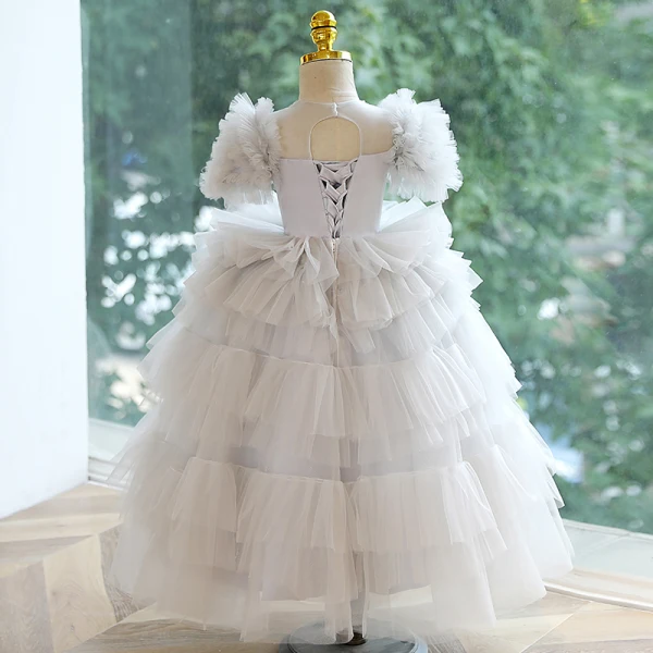 Chic / Beautiful Grey Beading Sequins Cascading Ruffles Flower Girl Dresses 2023 Ball Gown Scoop Neck Puffy Short Sleeve Backless Floor-Length / Long Flower Girl Dresses