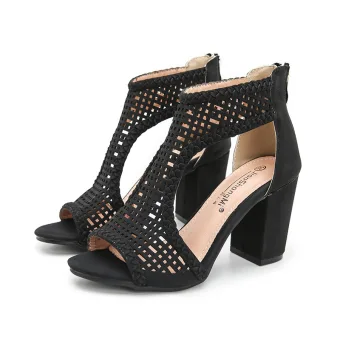 Vintage Originale Noire Vêtement De Rue Percé Sandales Femme 2022 8 Cm Talons Épais Peep Toes Bout Ouvert Sandales Talons Hauts
