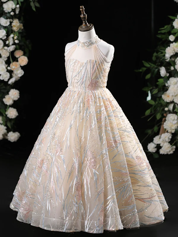 Chic / Beautiful Champagne Beading Sequins Lace Flower Birthday Flower Girl Dresses 2024 A-Line / Princess High Neck Sleeveless Floor-Length / Long