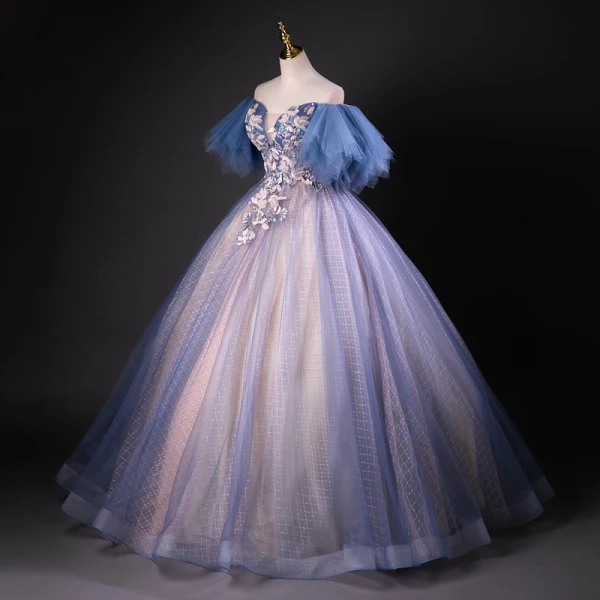 Vintage / Retro Ocean Blue Beading Sequins Prom Dresses 2023 Ball Gown Off-The-Shoulder Short Sleeve Backless Floor-Length / Long Formal Dresses