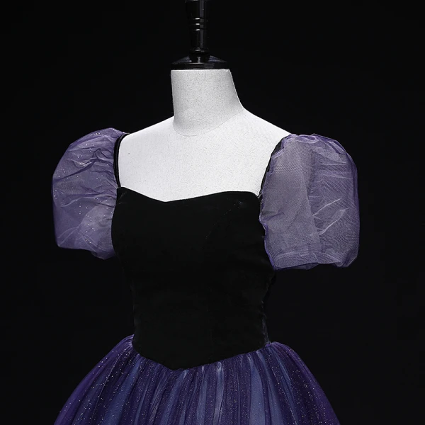 Vintage / Retro Purple Prom Dresses 2022 Ball Gown Square Neckline Puffy Short Sleeve Backless Floor-Length / Long Prom Formal Dresses