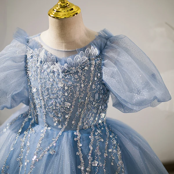 Chic / Beautiful Sky Blue Beading Sequins Lace Flower Birthday Flower Girl Dresses 2022 Ball Gown Scoop Neck Puffy Short Sleeve Backless Floor-Length / Long Bow Flower Girl Dresses