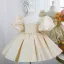Fashion Champagne Birthday Pearl Bow Short Flower Girl Dresses 2023 Ball Gown Scoop Neck Puffy Short Sleeve