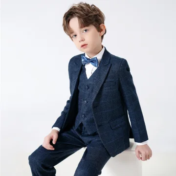 Modern Fashion Navy Blue Long Sleeve 5 Piece Boys Wedding Suits 2023 Wedding Coat Pants Shirt Tie Vest