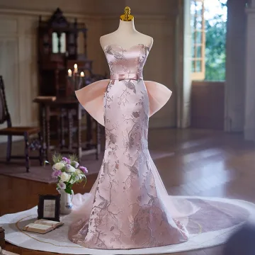 Chic Beautiful Blushing Pink Lace Flower Evening Dresses 2024 Trumpet Mermaid Strapless Sleeveless Backless Bow Sweep Train Evening Party Formal Dresses