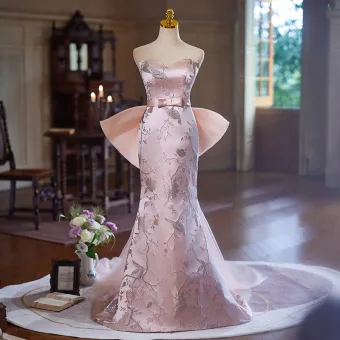 Hermoso Rosa Clara Con Encaje Flor Vestidos De Noche 2024 Trumpet Mermaid Sin Tirantes Sin Mangas Sin Espalda Bowknot Colas De Barrido Noche Vestidos Formales