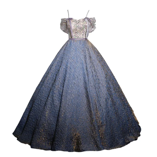 Elegant Sky Blue Beading Rhinestone Sequins Prom Dresses 2024 Ball Gown Off-The-Shoulder Short Sleeve Backless Floor-Length / Long Prom Formal Dresses