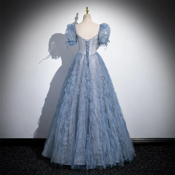 Chic / Beautiful Sky Blue Glitter Appliques Prom Dresses 2024 A-Line / Princess Square Neckline Puffy Short Sleeve Backless Floor-Length / Long Formal Dresses