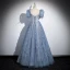 Chic / Beautiful Sky Blue Glitter Appliques Prom Dresses 2024 A-Line / Princess Square Neckline Puffy Short Sleeve Backless Floor-Length / Long Formal Dresses