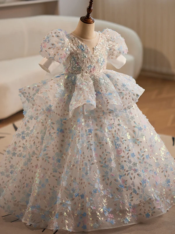 Fashion White Beading Sequins Appliques Birthday Flower Girl Dresses 2024 Ball Gown Scoop Neck Short Sleeve Backless Bow Floor-Length / Long