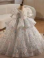 Fashion White Beading Sequins Appliques Birthday Flower Girl Dresses 2024 Ball Gown Scoop Neck Short Sleeve Backless Bow Floor-Length / Long