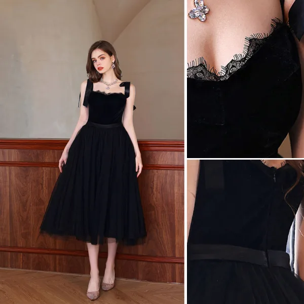 Sexy Noire de retour Robe De Graduation 2022 Princesse Bretelles Spaghetti Sans Manches Dos Nu Ceinture Thé Longueur Robe De Ceremonie