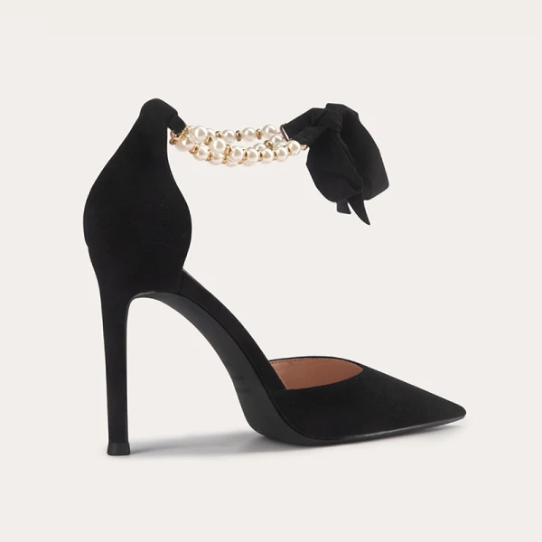 Modern / Fashion Black Evening Party Womens Sandals 2022 Leather Pearl Bow Ankle Strap 10 cm Stiletto Heels Pointed Toe Womens Shoes High Heels