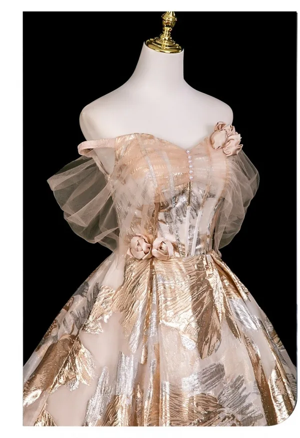 Élégant Doré Appliques Glitter Robe De Bal 2025 Dos Nu Robe Boule De l'épaule Manches Courtes Longue Robe De Ceremonie