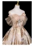 Élégant Doré Appliques Glitter Robe De Bal 2025 Dos Nu Robe Boule De l'épaule Manches Courtes Longue Robe De Ceremonie