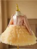 Sparkly Gold Cascading Ruffles Sequins Birthday Short Flower Girl Dresses 2024 Ball Gown Scoop Neck Long Sleeve Flower Girl Dresses