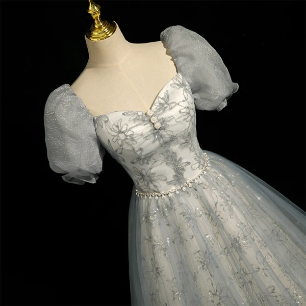 Chic / Belle Gris Perle Faux Diamant Paillettes Robe De Bal 2023 Robe Boule Encolure Carrée Gonflée Manches Courtes Dos Nu Longue Promo Robe De Ceremonie