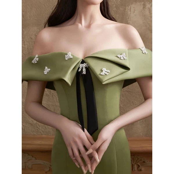 Sexy Clover Green Trumpet / Mermaid Evening Dresses 2022 Off-The-Shoulder Short Sleeve Backless Pearl Floor-Length / Long Satin Evening Party Formal Dresses