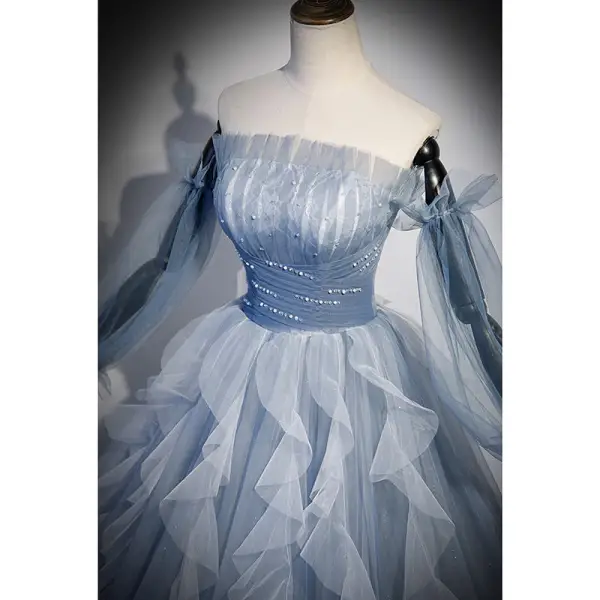 Fashion Sky Blue Beading Sequins Prom Dresses 2023 A-Line / Princess Strapless Short Sleeve Backless Floor-Length / Long Prom Formal Dresses
