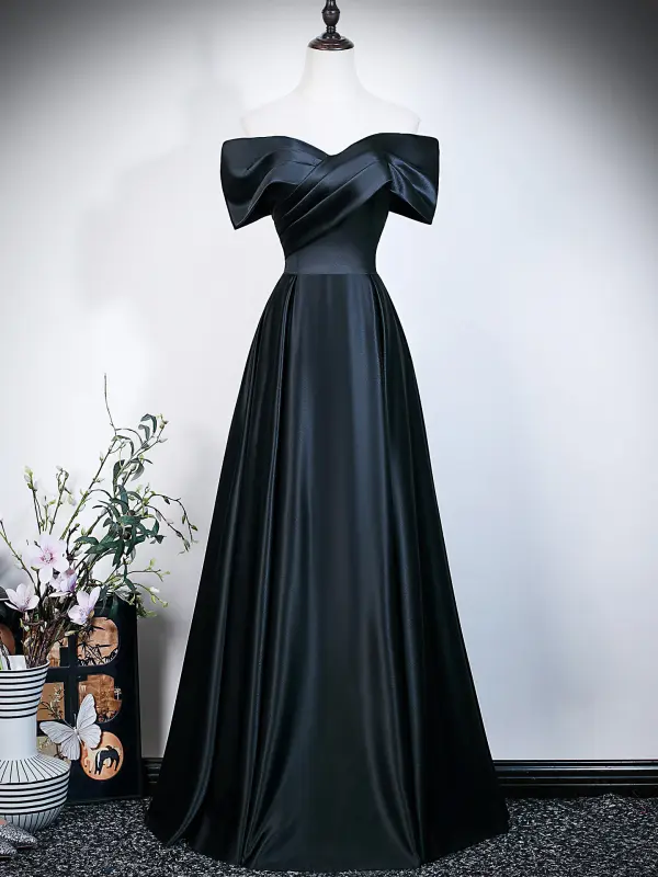 Modest / Simple Black Evening Dresses 2026 A-Line / Princess Off-The-Shoulder Short Sleeve Backless Floor-Length / Long