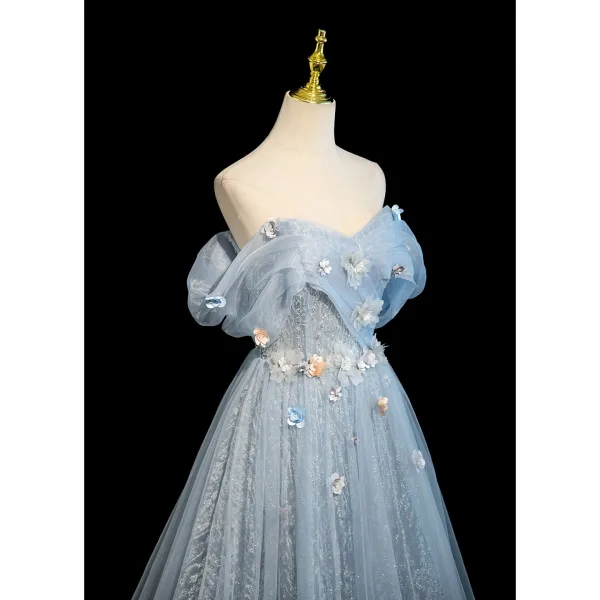 Chic / Beautiful Sky Blue Beading Pearl Appliques Prom Dresses 2025 Ball Gown Off-The-Shoulder Short Sleeve Backless Sweep Train Prom Formal Dresses