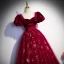 Chic / Beautiful Burgundy Sequins Prom Dresses 2023 A-Line / Princess Square Neckline Puffy Short Sleeve Backless Floor-Length / Long Prom Formal Dresses